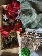 Christmas tree in bag, wreathes, lights, etc
