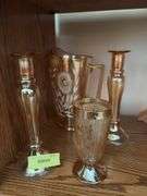 Lustreware pitcher and candle holders, footed iced tra