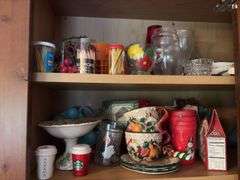 Tupperware, silverplate, cookbooks, glassware, coffee mugs, etc "A" cupboards
