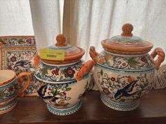 Decorative ceramic canisters with matching cream & sugar