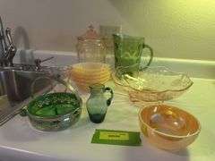 Pink and green Depression glass, Fire King bowls