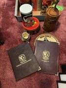 Quaker Oats cans, lamp, wood sugar bucket lid w/ Q oats logo, F&F Quaker Oats plastic mug
