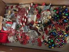 Christmas ornaments, bulb tote and two wreathes