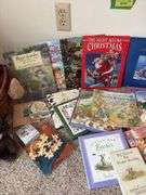 Children’s books and a basket of stuffies