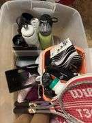 Tote with ball caps, single wine bottle carriers, water bottles, tennis rackets, LED shoe lights, etc