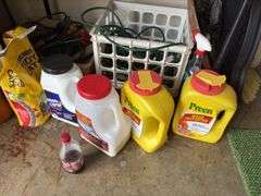 Wire shelf unit and contents includes drop cords, decor, cord wraps, cat litter, Preen, etc
