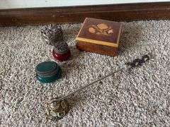 Decorated candle snuffer, trinket boxes
