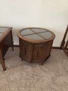 Three piece living room table set One side table is missing a glass pane