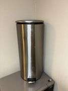 Samsung microwave, stainless steel trash can, rolling shelf unit, etc