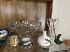 Bone china flowers, HP dishes, large serving bowl etc... All on MIDDLE shelf