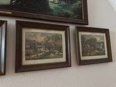 Classic blacksmith print and 4 Currier & Ives seasonal prints