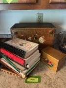 Cookbooks, breadbox, recipe box