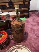 Quaker Oats cans, lamp, wood sugar bucket lid w/ Q oats logo, F&F Quaker Oats plastic mug