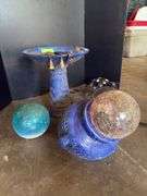 Small shepherd hook, wind chime, frog, small gazing balls, small bird bath and blue planter