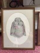 Ceramic rabbit and 2 prints