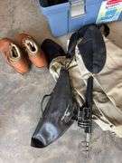 Various Fishing Waders, size 10 boots, folding fishing poles in blue licking tub