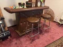 19 x 64 x 39H bar with two stools and contents of back bar shelves NOTHING ON TOP!