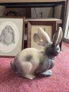 Ceramic rabbit and 2 prints