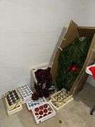 Artifical Christmas tree, ornaments, bulbs and tinsel style garland
