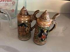 Two glass measuring cups, wine stopper, holiday measuring bowls, pair of stein style S&P shakers