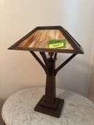 Mission style oak lamp w/ chocolate slag glass 22" tall 15" square shade