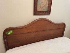 Full size bed with walnut headboard, mattress and box spring LINENS INCLUDED