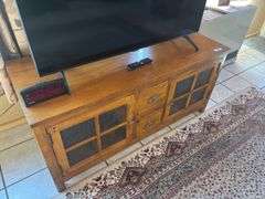 Solid oak television stand mission style with four panel glass doors 54 x 22 x 25