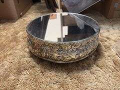 12” round mirrored footed dresser tray and large quantity of brooches, shoe clips for crafting