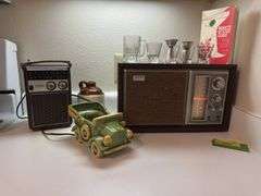Sony radio, bar guide, car planter,  shot glasses, etc