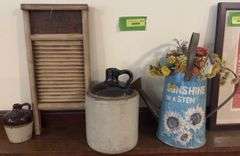 Metal washboard, 2 crock jugs and decorator sprinkling can