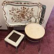 Four vintage tv trays (three match), vanity chair and step stool