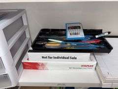 Many office supplies-paper, binder clips, paper clips, ink cartridges, etc