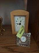 Clocks including a very nice metal ornate wind up clock w/ beveled glass, classic alarm clock