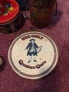 Quaker Oats cans, lamp, wood sugar bucket lid w/ Q oats logo, F&F Quaker Oats plastic mug