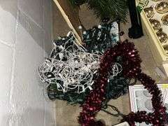 Artifical Christmas tree, ornaments, bulbs and tinsel style garland