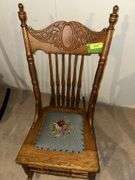 Medallion back oak sewing rocker w/ needlepoint seat