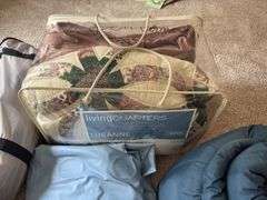 Air beds (one marked queen), sleeping bag, queen comforter and queen bedspread