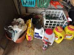 Wire shelf unit and contents includes drop cords, decor, cord wraps, cat litter, Preen, etc
