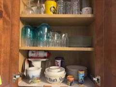 Lotsa coffee mugs, plates, cake plates, bowls, drinking glasses and more “F” cupboards
