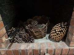 Baskets of pine cones and a wooden reindeer