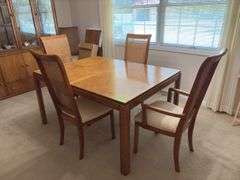 Stanley dining table 42x56 with (2) 16" leaves, table pads, 2 captains chairs and 4 straight chairs