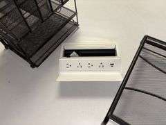 60x29 Formica topped conference  table, egg shaped, with power outlet and office file holders