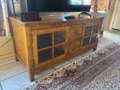 Solid oak television stand mission style with four panel glass doors 54 x 22 x 25