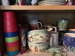 Tupperware, silverplate, cookbooks, glassware, coffee mugs, etc "A" cupboards