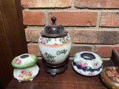 Hair receivers, urn, two rosemaled trinket boxes