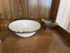 HP eyeglass holder, tea pot, large covered compote, red glass, etc All on BOTTOM shelf