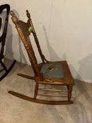 Medallion back oak sewing rocker w/ needlepoint seat