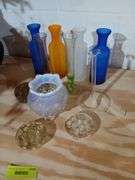 Colored glass bottles, flower frogs etc...