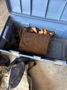 Various Fishing Waders, size 10 boots, folding fishing poles in blue licking tub