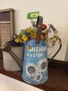 Metal washboard, 2 crock jugs and decorator sprinkling can